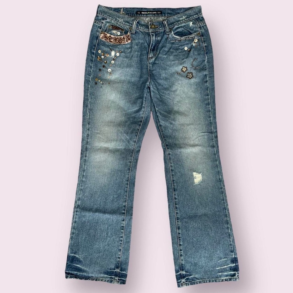 dkny soho jean vintage low rise denim patchwork flare jeans size 8 - Picture 2 of 5